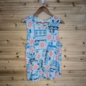 J.Jill Love Linen Blue Pink Mosaic Tile Print Sleeveless Tank Top Large